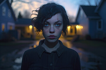 a serious young woman at dusk - obrazy, fototapety, plakaty