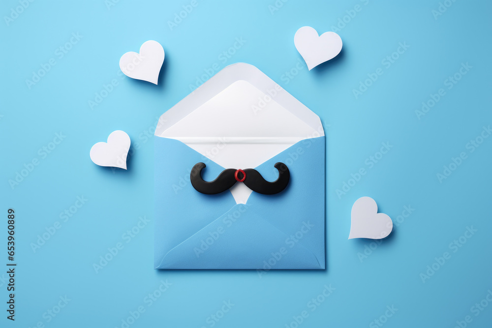 Poster a blue envelope with a mustache design on it. this picture can be used for various occasions and eve