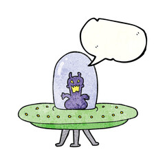 freehand speech bubble textured cartoon alien in flying saucer