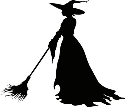 Vector halloween witch with broom silhouettes illustration icon. Vector with with witch hat icon