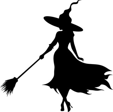 Vector halloween witch with broom silhouettes illustration icon. Vector with with witch hat icon