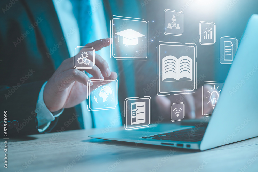 Aufkleber concept of online education. man use online education training and e-learning webinar on internet fo