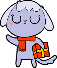cute cartoon dog with christmas present
