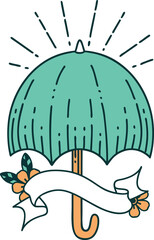 scroll banner with tattoo style open umbrella