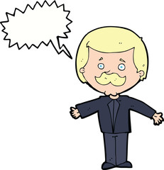 cartoon mustache man with open arms with speech bubble