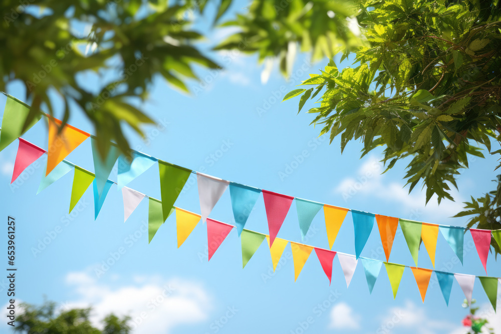 Poster a vibrant display of colorful flags hanging from a tree. this image captures a festive atmosphere an