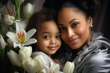 A woman and a little girl are posing for a picture. This image can be used for family photography, portrait sessions, or capturing special moments between a mother and daughter. - obrazy, fototapety, plakaty