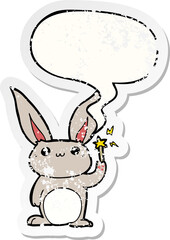 cute cartoon rabbit with speech bubble distressed distressed old sticker