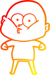 warm gradient line drawing of a cartoon bald man staring