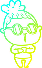 cold gradient line drawing of a cartoon woman wearing spectacles