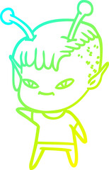 cold gradient line drawing of a cute cartoon alien girl