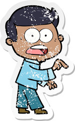 distressed sticker of a cartoon shocked man