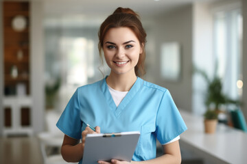 A professional woman wearing a blue scrub suit holding a clipboard. Perfect for medical, healthcare, or hospital-related concepts.