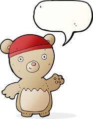 cartoon teddy bear wearing hat with speech bubble