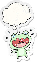 cartoon frog frightened with thought bubble as a distressed worn sticker