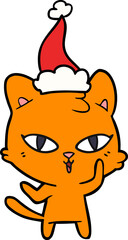 hand drawn line drawing of a cat wearing santa hat