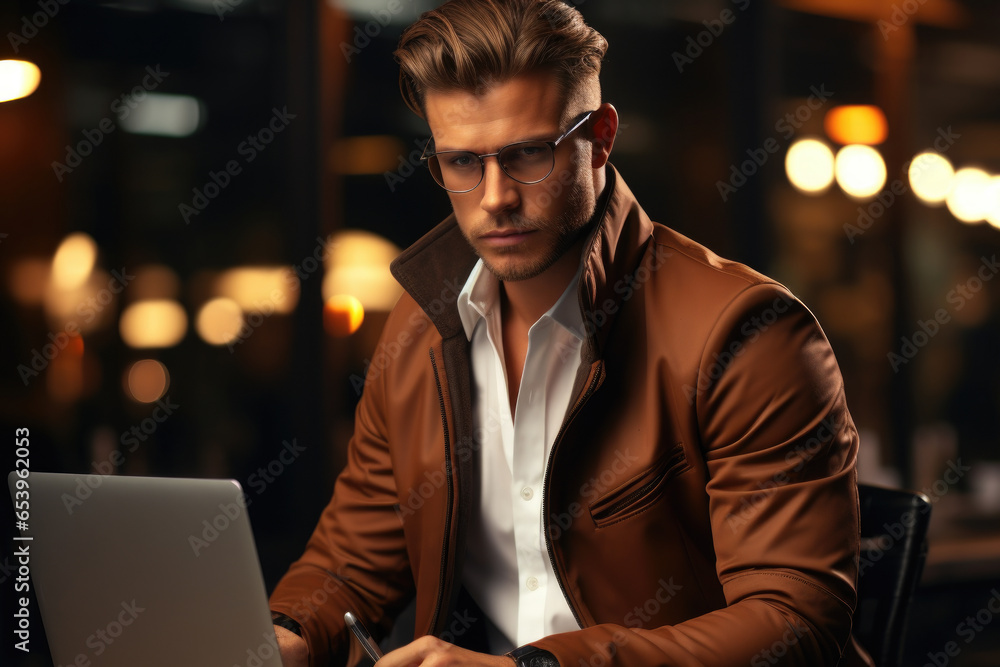 Poster a man sitting at a table using a laptop computer. this image can be used to illustrate concepts rela