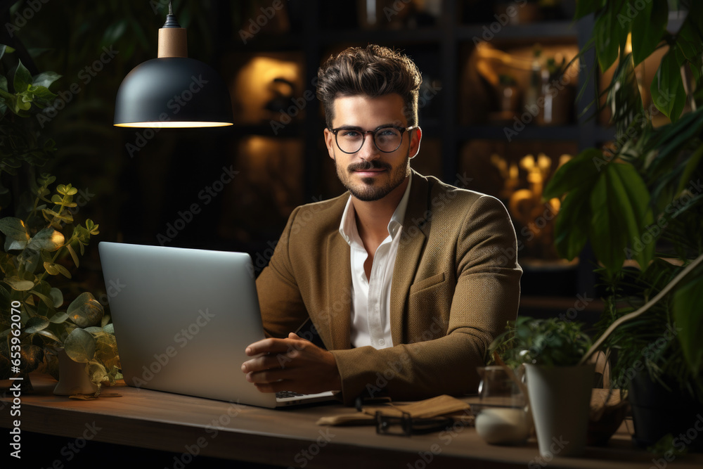 Poster a man is sitting at a table with a laptop. this image can be used to depict concepts such as work, t