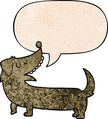 cartoon dog with speech bubble in retro texture style