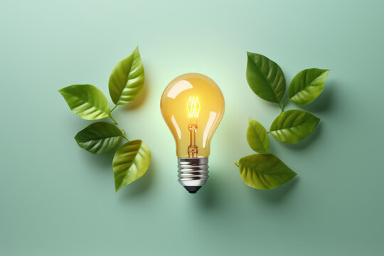 A light bulb is depicted surrounded by leaves on a vibrant green background. This image can be used to represent creativity, innovation, or eco-friendly concepts.