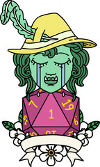 Retro Tattoo Style crying orc bard character with natural one D20 roll