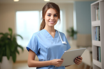 A woman wearing scrubs is holding a tablet computer. This image can be used to depict healthcare professionals using technology in their work.