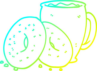 cold gradient line drawing of a cartoon coffee and donuts