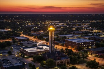 Aerial view of Frisco, Texas showcasing the beautiful landscape with the iconic Frisco water tower. Generative AI - obrazy, fototapety, plakaty