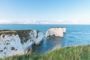 Amazing view of the famous Old Harry Rocks, the most eastern point of the Jurassic Coast, a UNESCO World Heritage Site, UK