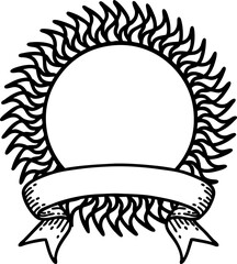traditional black linework tattoo with banner of a sun