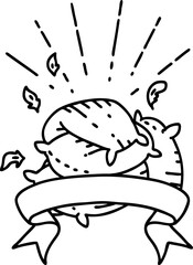 scroll banner with black line work tattoo style pile of pillows