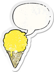 cartoon ice cream with speech bubble distressed distressed old sticker