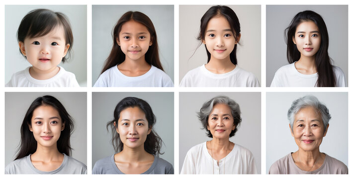 collage of southeast asian racial female portraits of different ages, made with generative AI