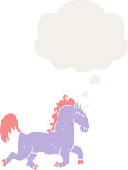 cartoon unicorn with thought bubble in retro style