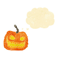 cartoon spooky pumpkin with thought bubble