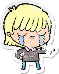 distressed sticker of a cartoon woman crying