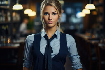 Fototapeta premium A woman wearing a tie is seen standing in front of a bar. This image can be used to portray professionalism, confidence, or a night out at a bar.