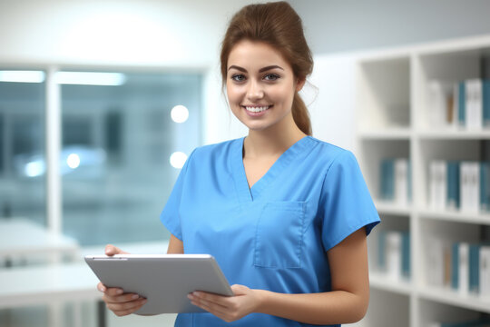 A woman dressed in a blue scrub suit holding a tablet. This versatile image can be used to illustrate healthcare, technology, or medical professions.