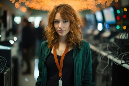A picture of a woman with vibrant red hair wearing a green jacket. This versatile image can be used in various contexts.
