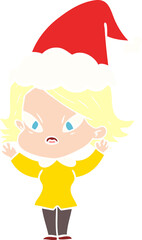 hand drawn flat color illustration of a stressed woman wearing santa hat