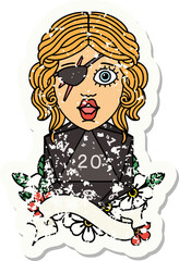 grunge sticker of a human rogue with natural 20 dice roll