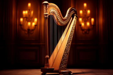 Musical instrument harp with strings in beautiful dark hall close-up
