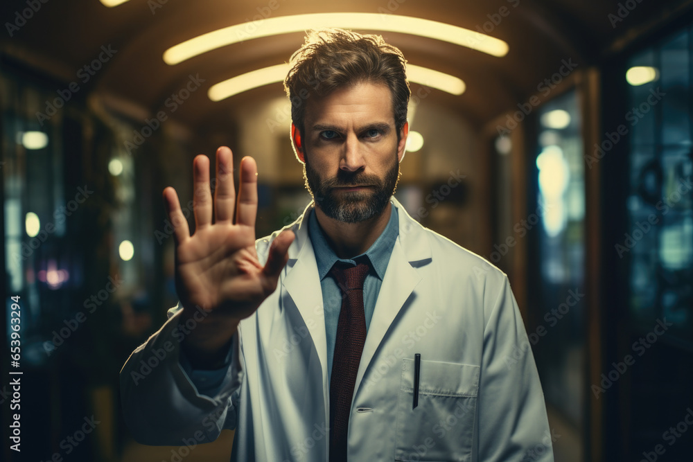 Poster man wearing lab coat is seen making stop sign. this image can be used to illustrate road safety or p