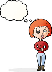 cartoon tired woman with thought bubble