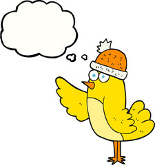 freehand drawn thought bubble cartoon bird wearing hat