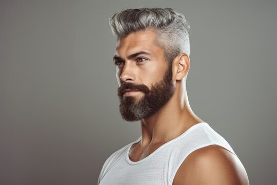 Picture of man with beard wearing white tank top. This versatile image can be used in various contexts.