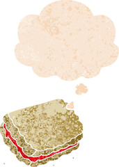 cartoon biscuit with thought bubble in grunge distressed retro textured style