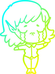 cold gradient line drawing of a cartoon crying elf girl