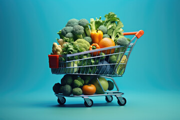 Shopping cart filled with variety of fresh and healthy vegetables. This image can be used to showcase concept of healthy eating and grocery shopping.