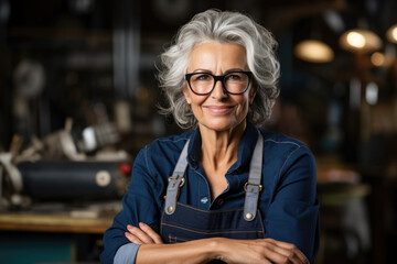 Woman wearing glasses stands in workshop. This image can be used to depict professional or creative environment.